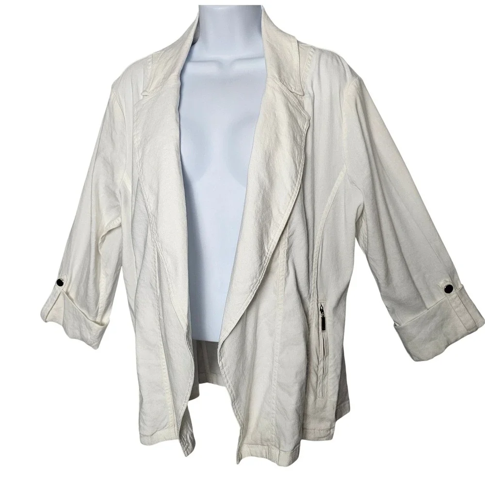 Chico's Linen Roll‎ Sleeve Stretch Blazer 2.5 (14) Ivory Open Front Zip Pocket
